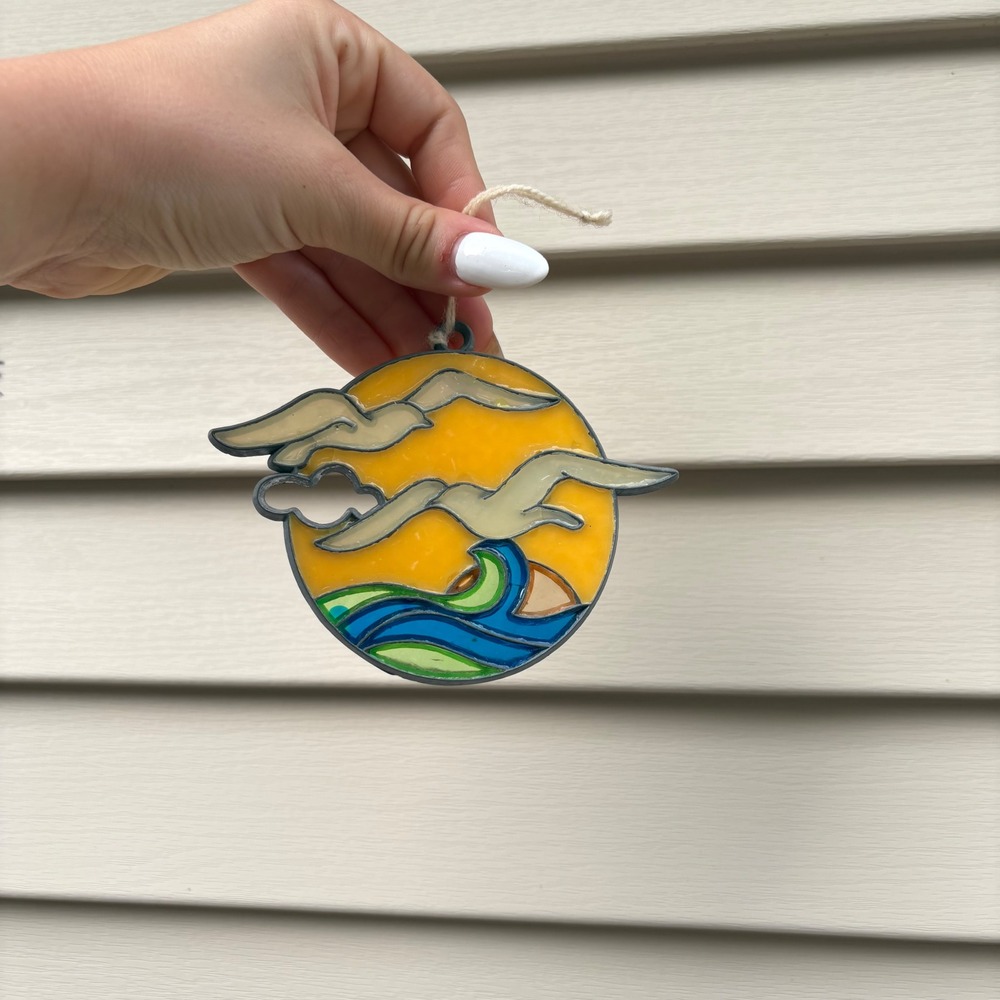 Vintage Faux Stained Glass Suncatcher Seagulls Ocean Waves Sun Window Hanging